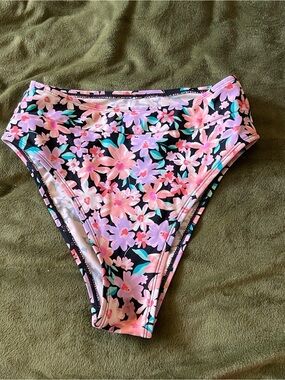 Floral High Waist Bikini Bottoms - Black with Pink & Mint Flowers